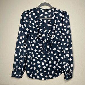 NWOT J.Crew | Long-sleeve ruffle-front top in brushstroke print small navy